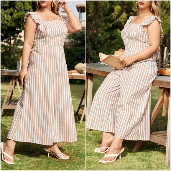 Boho Stripes Ruffle Wide leg Tie Back Jumper Jumpsuit - Picture 5 of 6